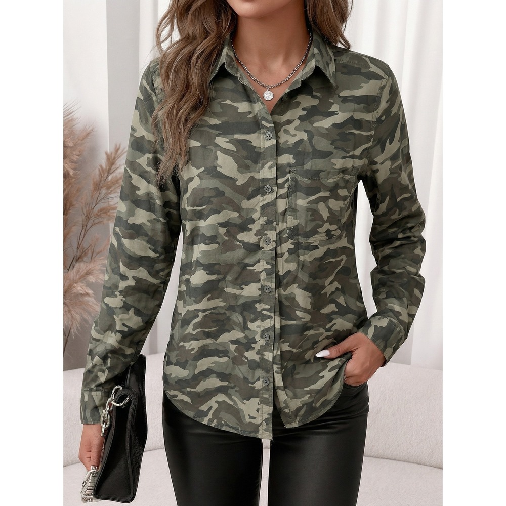 beachlunchlounge Camo Button Down Shirt Women Small Green‎ Excellent Viscose